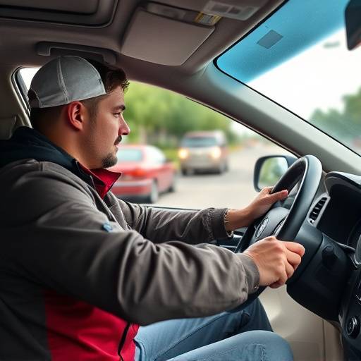 Driving instructor assisting a student driver